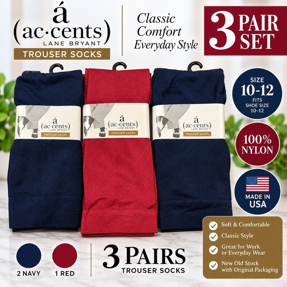 Lane Bryant ac.cents Trouser Socks 3 Pair Set Navy Red Nylon Size 10-12 USA Made